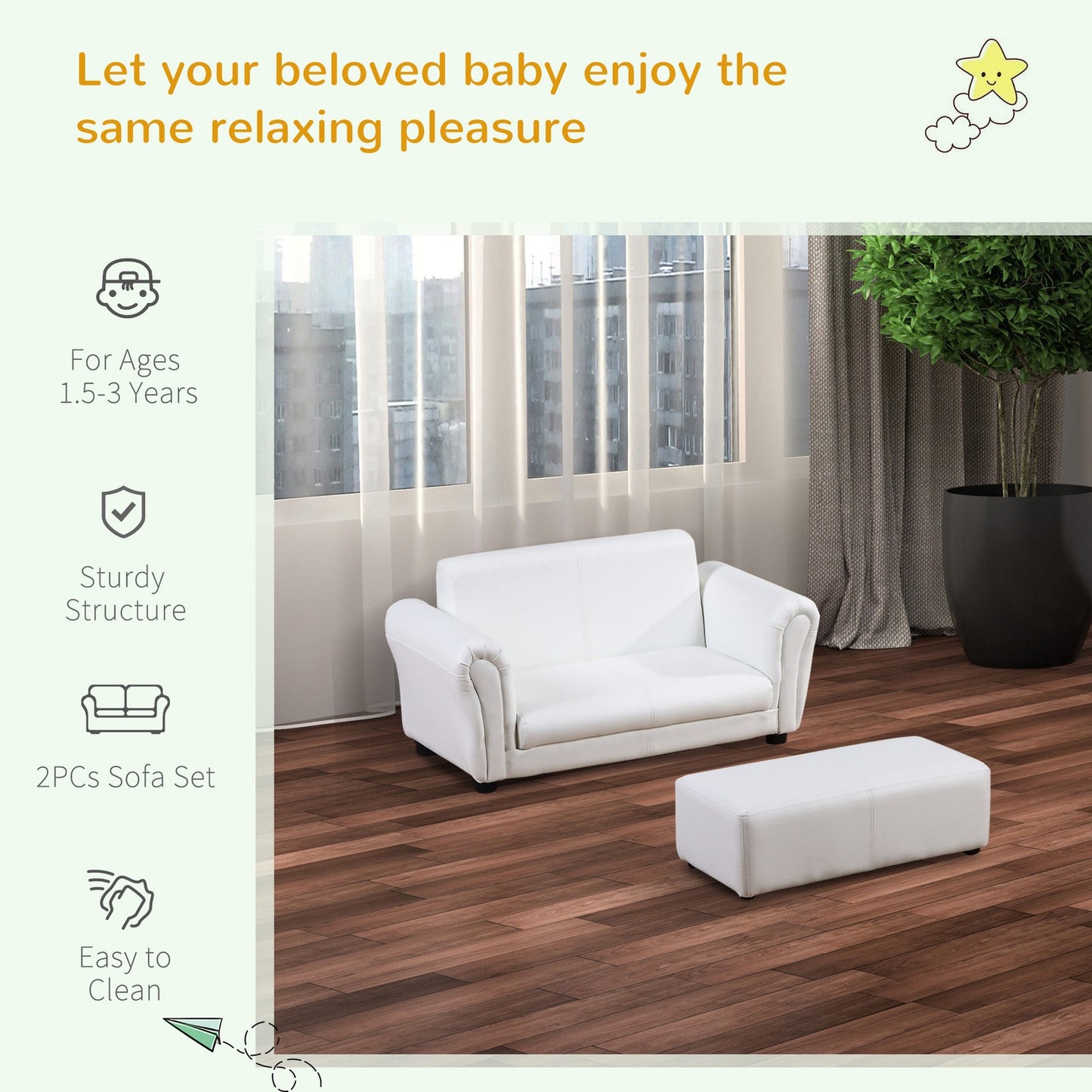 Ergo Heights Kids White Sofa Set with Ottoman.