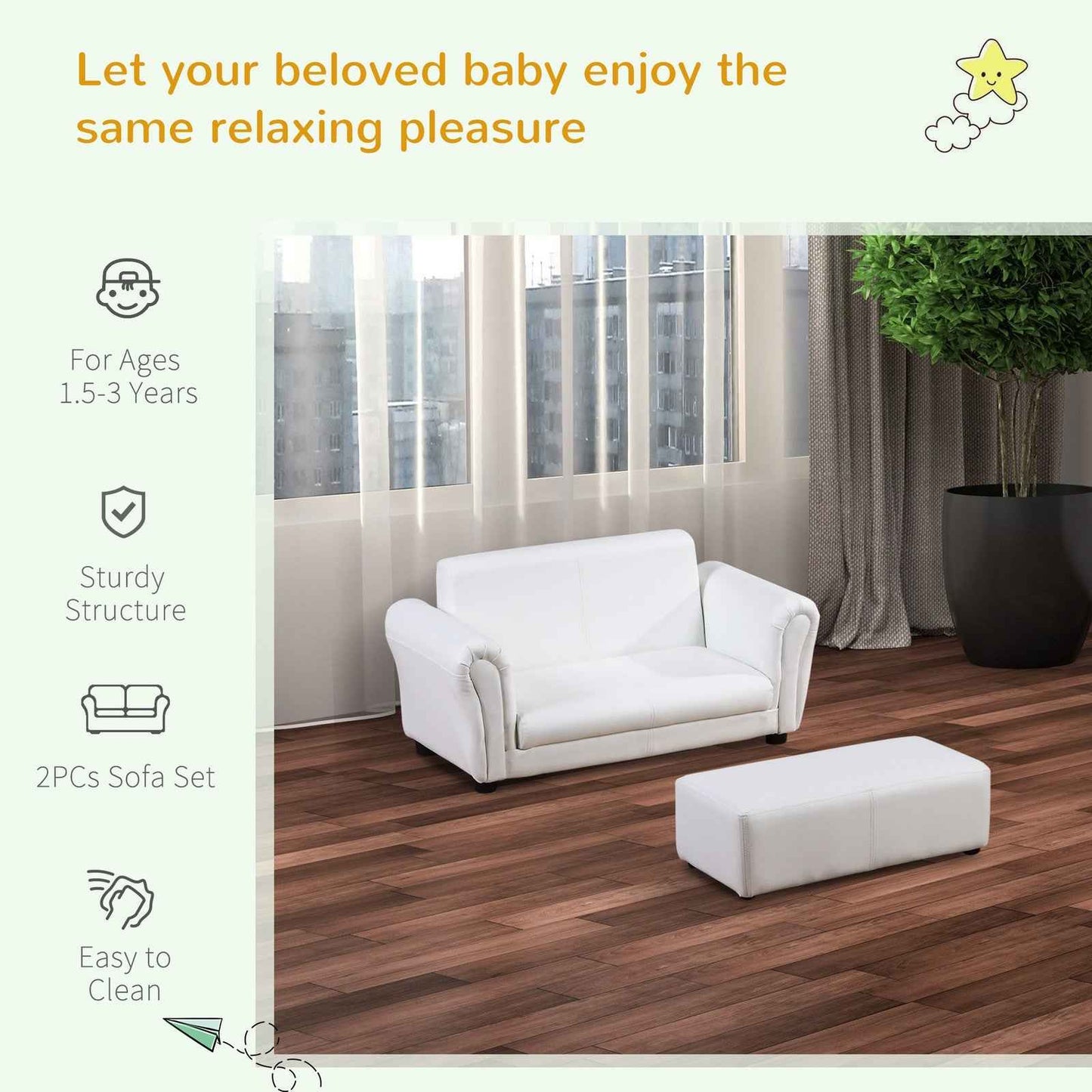 Ergo Heights Kids White Sofa Set with Ottoman