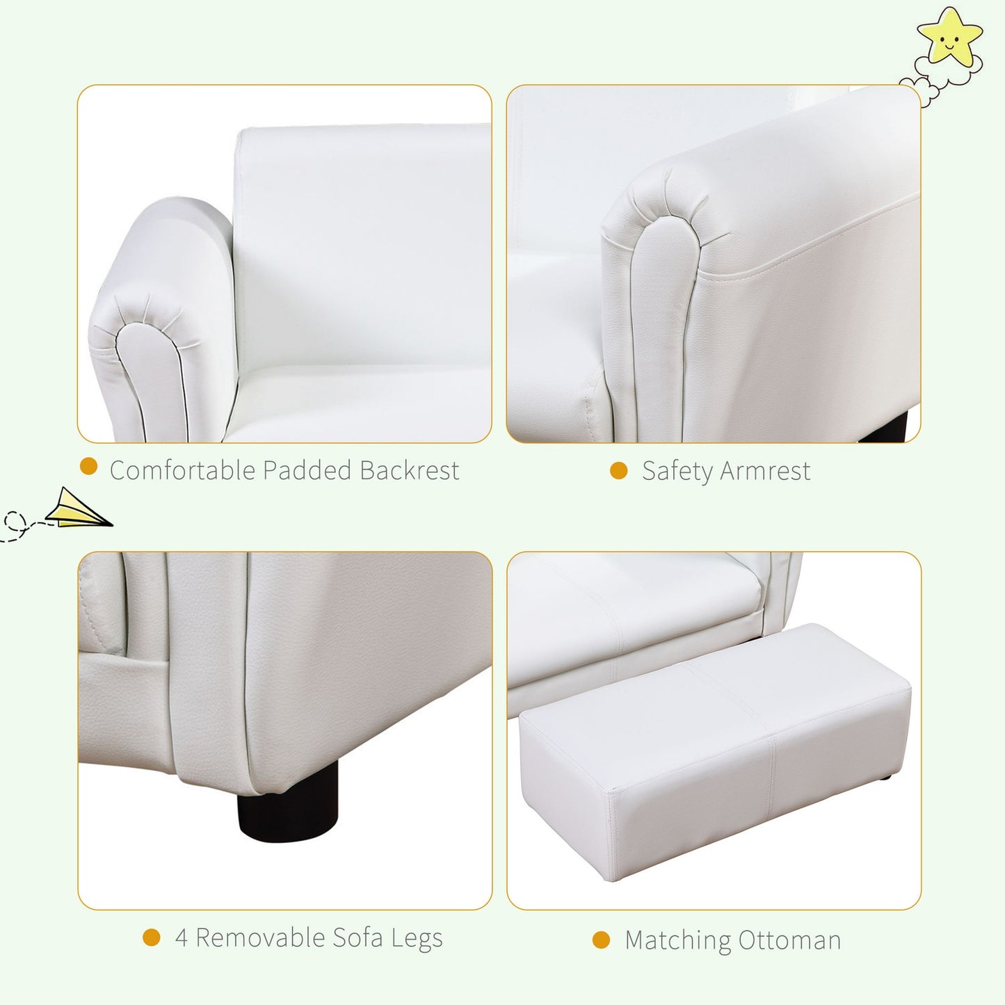 Ergo Heights Kids White Sofa Set with Ottoman.