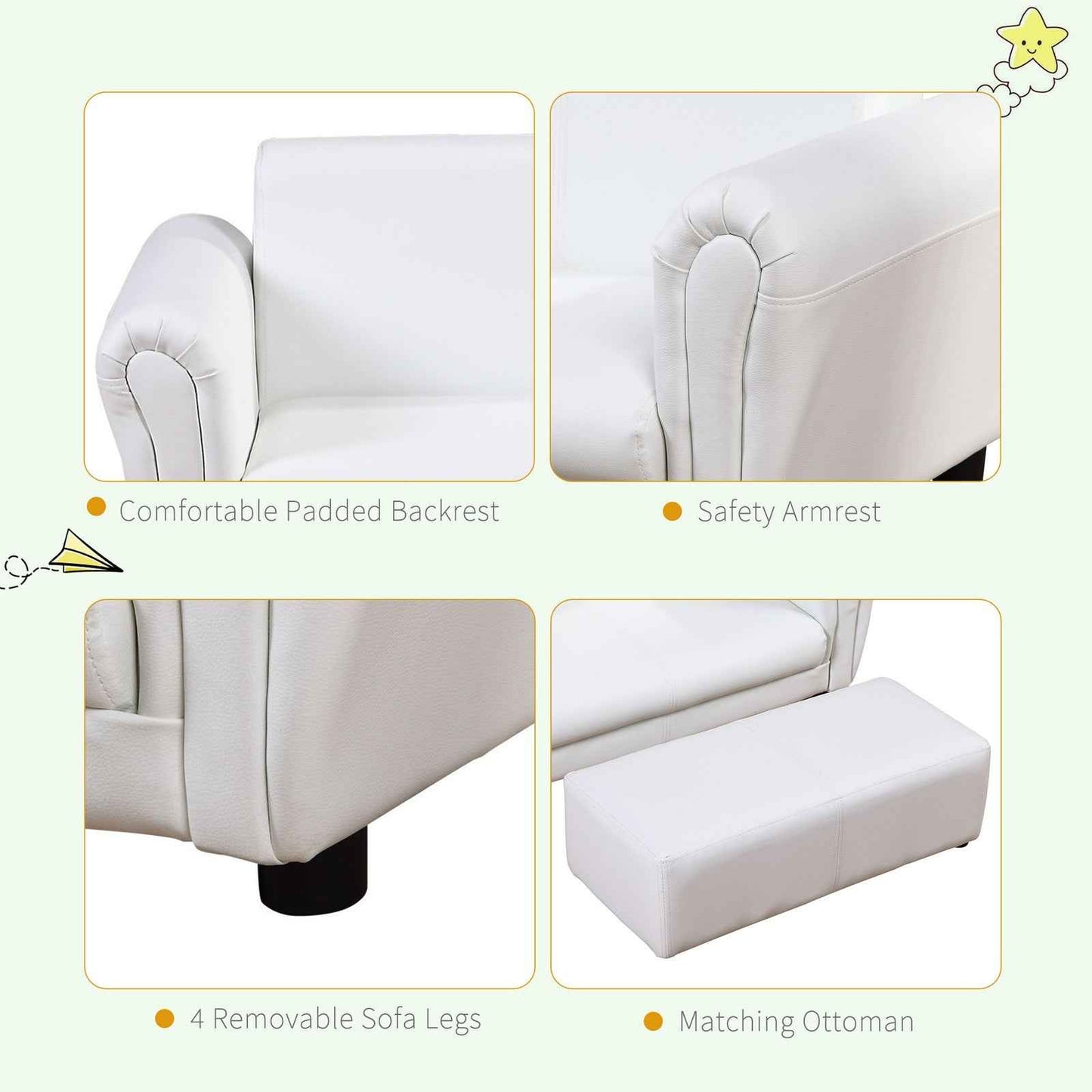 Ergo Heights Kids White Sofa Set with Ottoman
