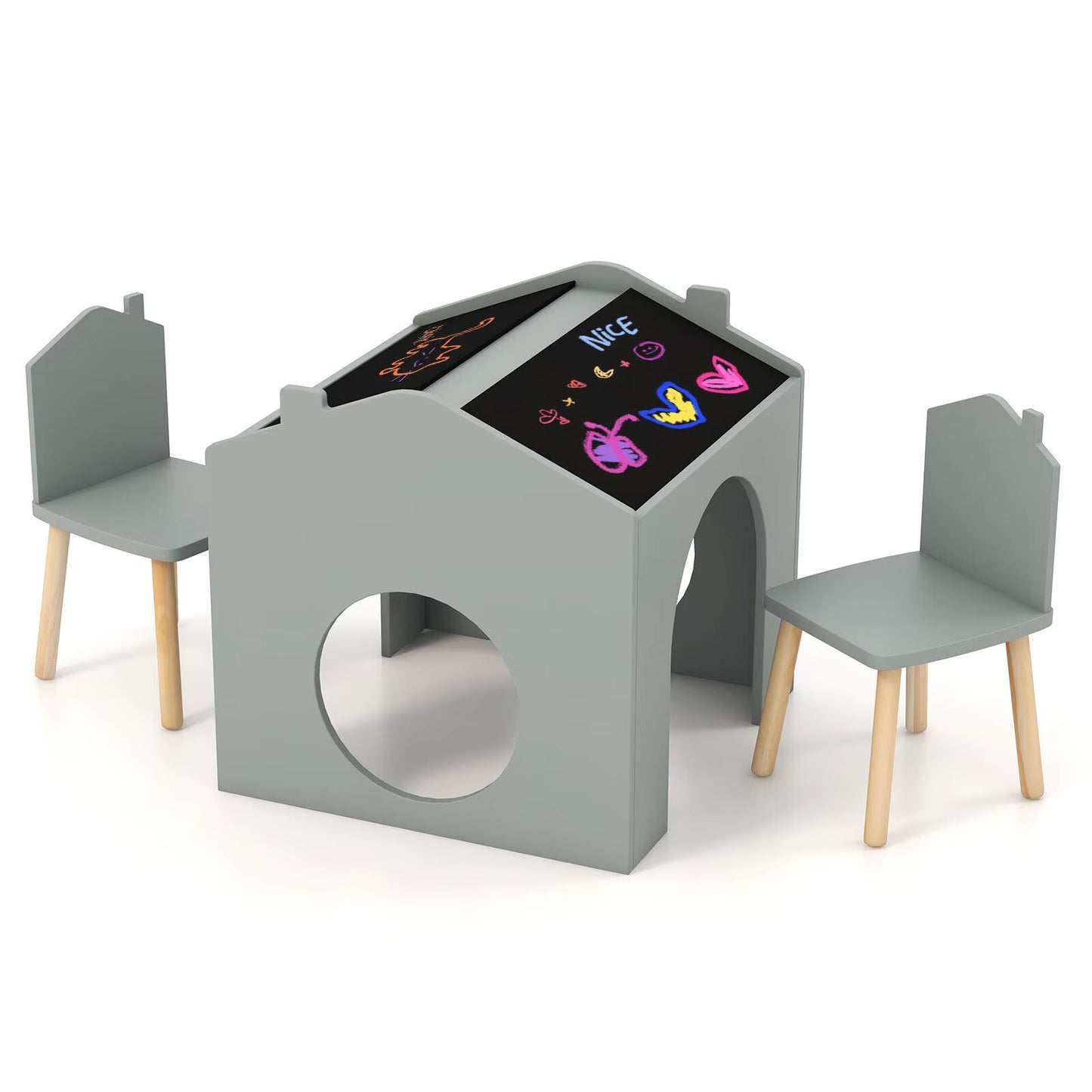 3 Pieces Kids Table and Chair Set Wooden Toddler Activity Art Table Drawing.