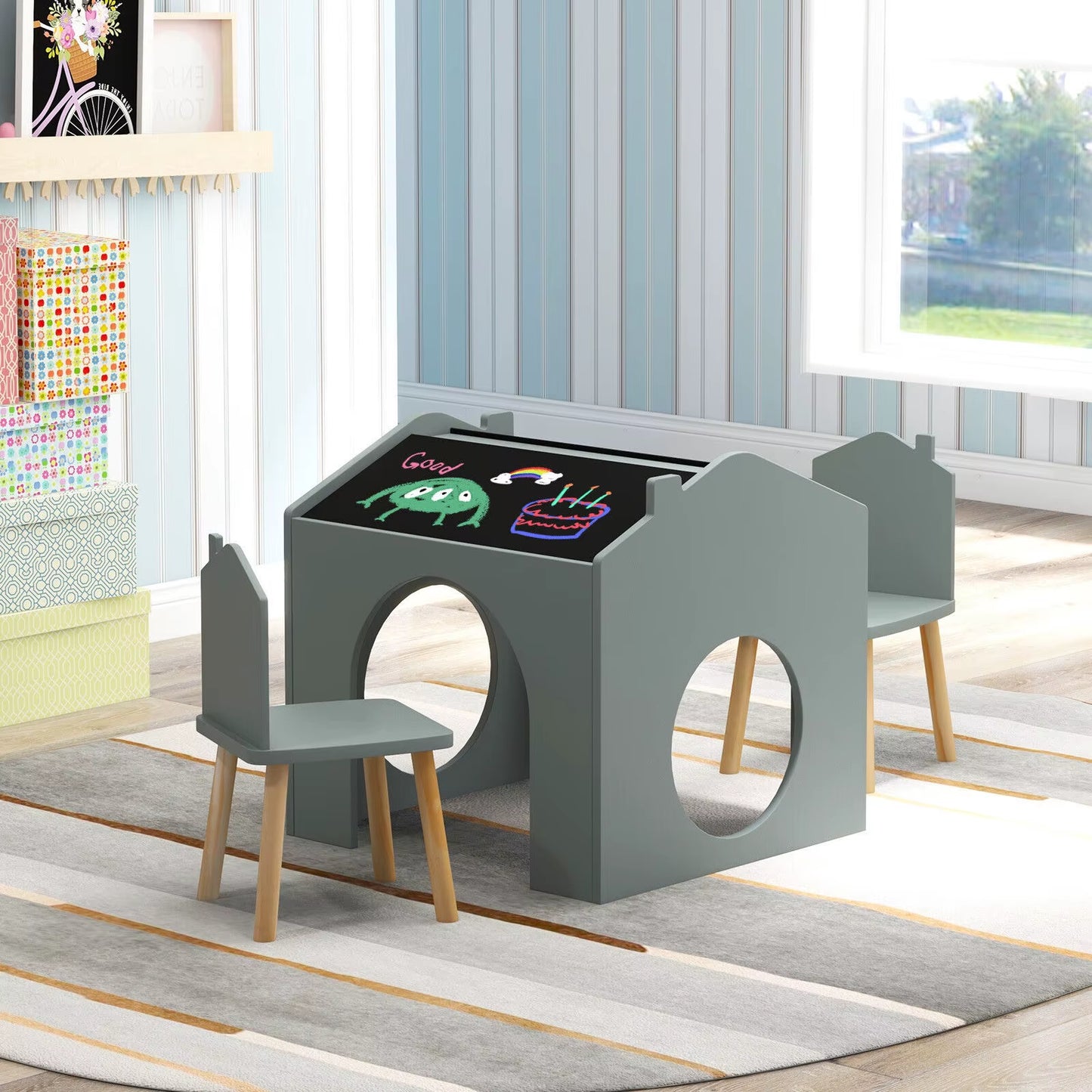 3 Pieces Kids Table and Chair Set Wooden Toddler Activity Art Table Drawing.