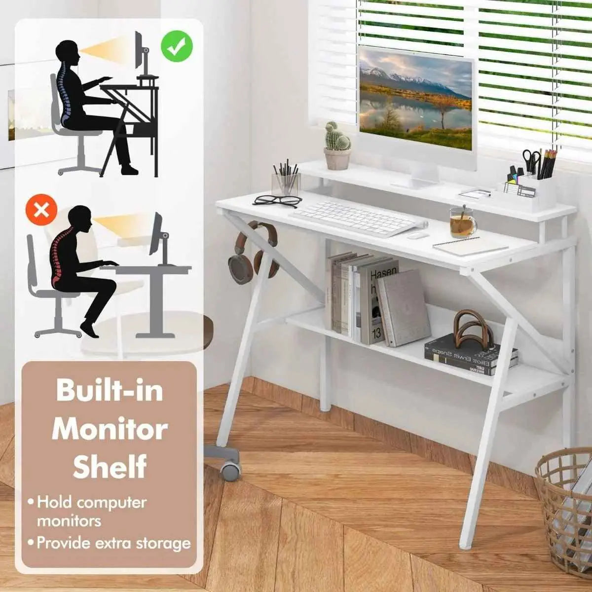 Compact Computer Desk with Monitor Stand and Shelf - Ergo Heights