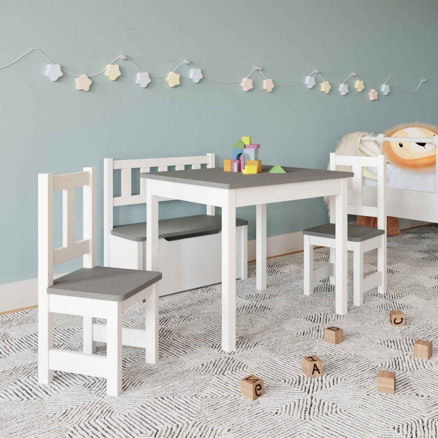 Ergo Heights Wooden Kids Table and Chairs Set - Grey White - Ergo Heights