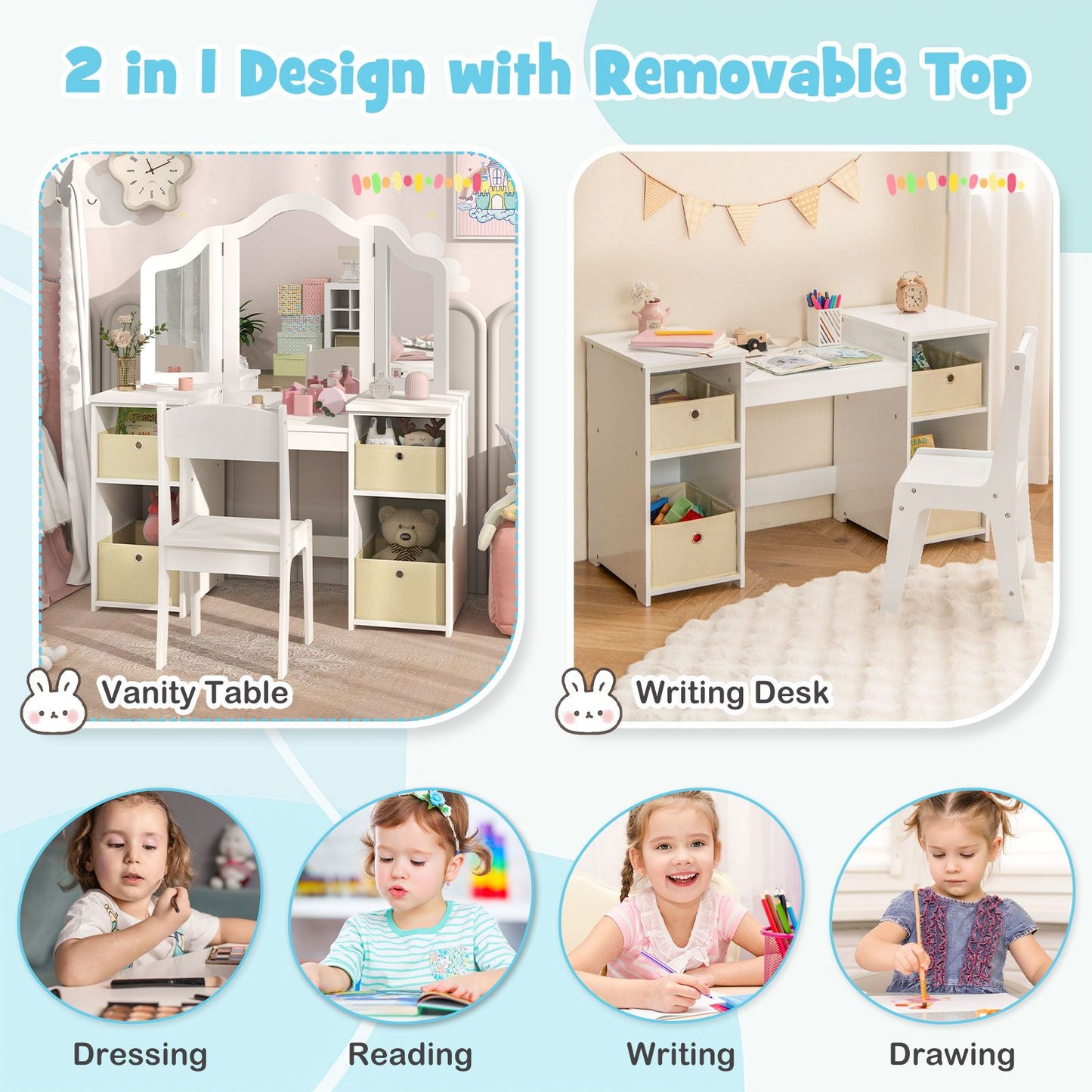 Ergo Heights White Vanity Set for Girls Bedroom with Chair.