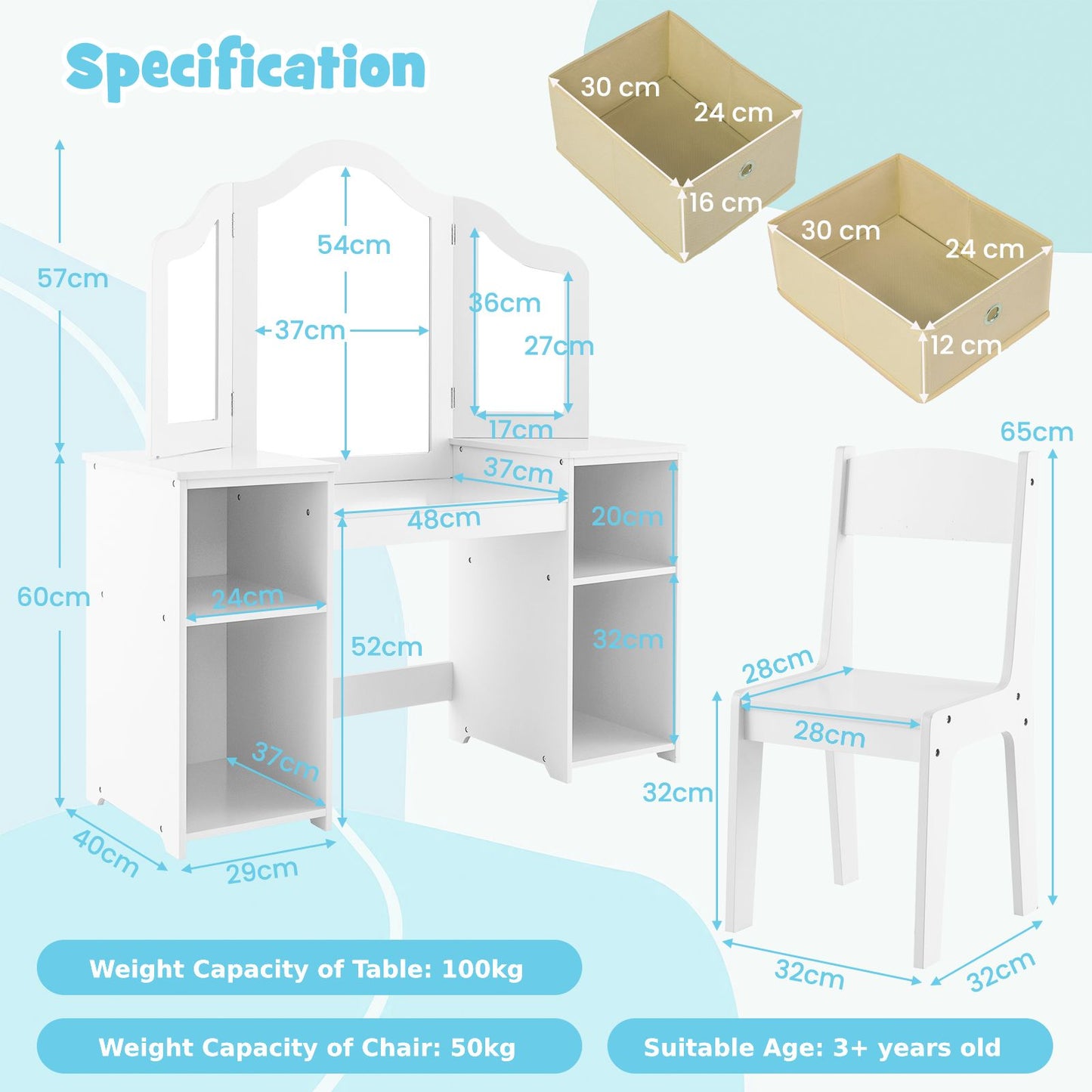 Ergo Heights White Vanity Set for Girls Bedroom with Chair.