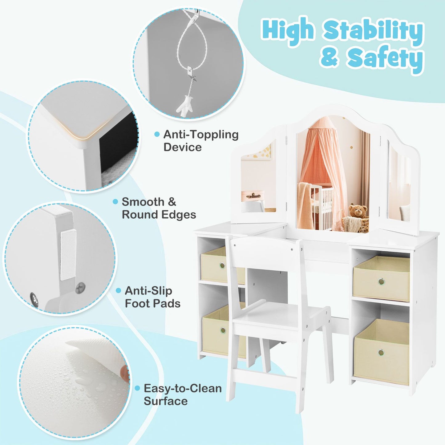 Ergo Heights White Vanity Set for Girls Bedroom with Chair.
