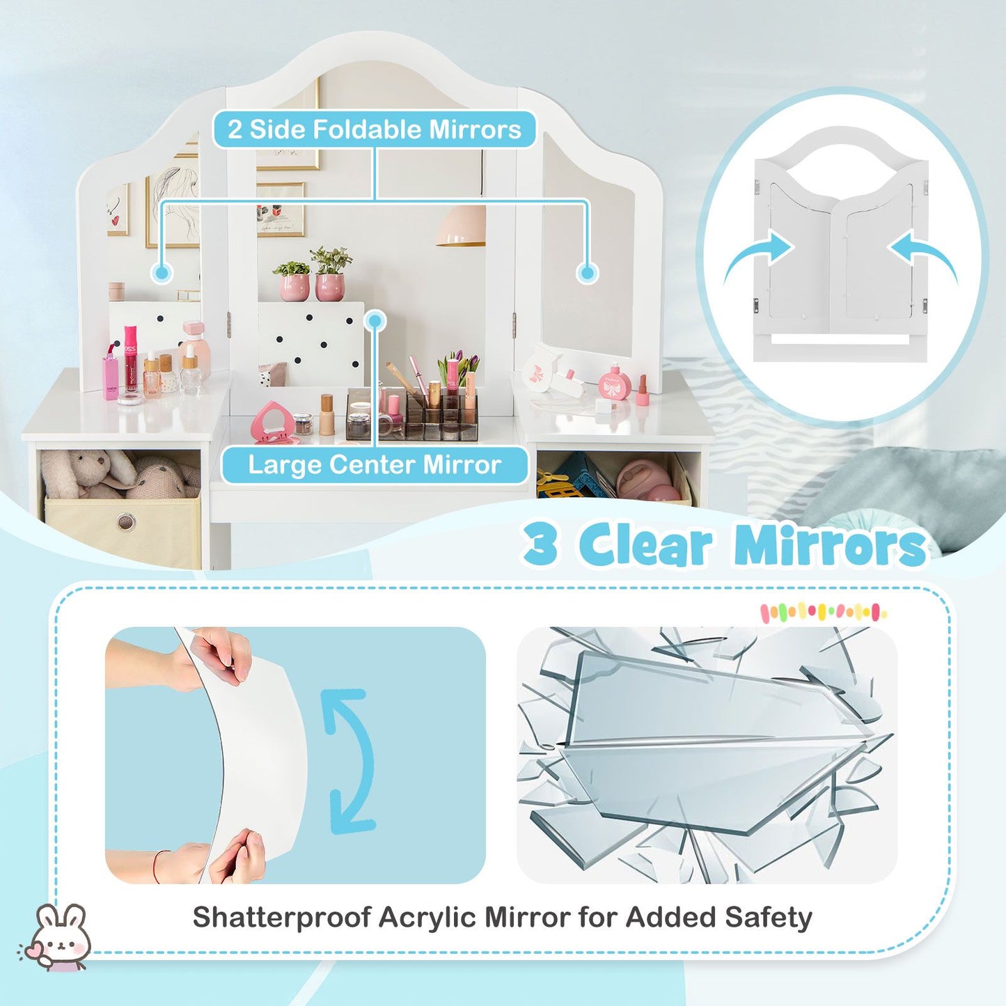 Ergo Heights White Vanity Set for Girls Bedroom with Chair.