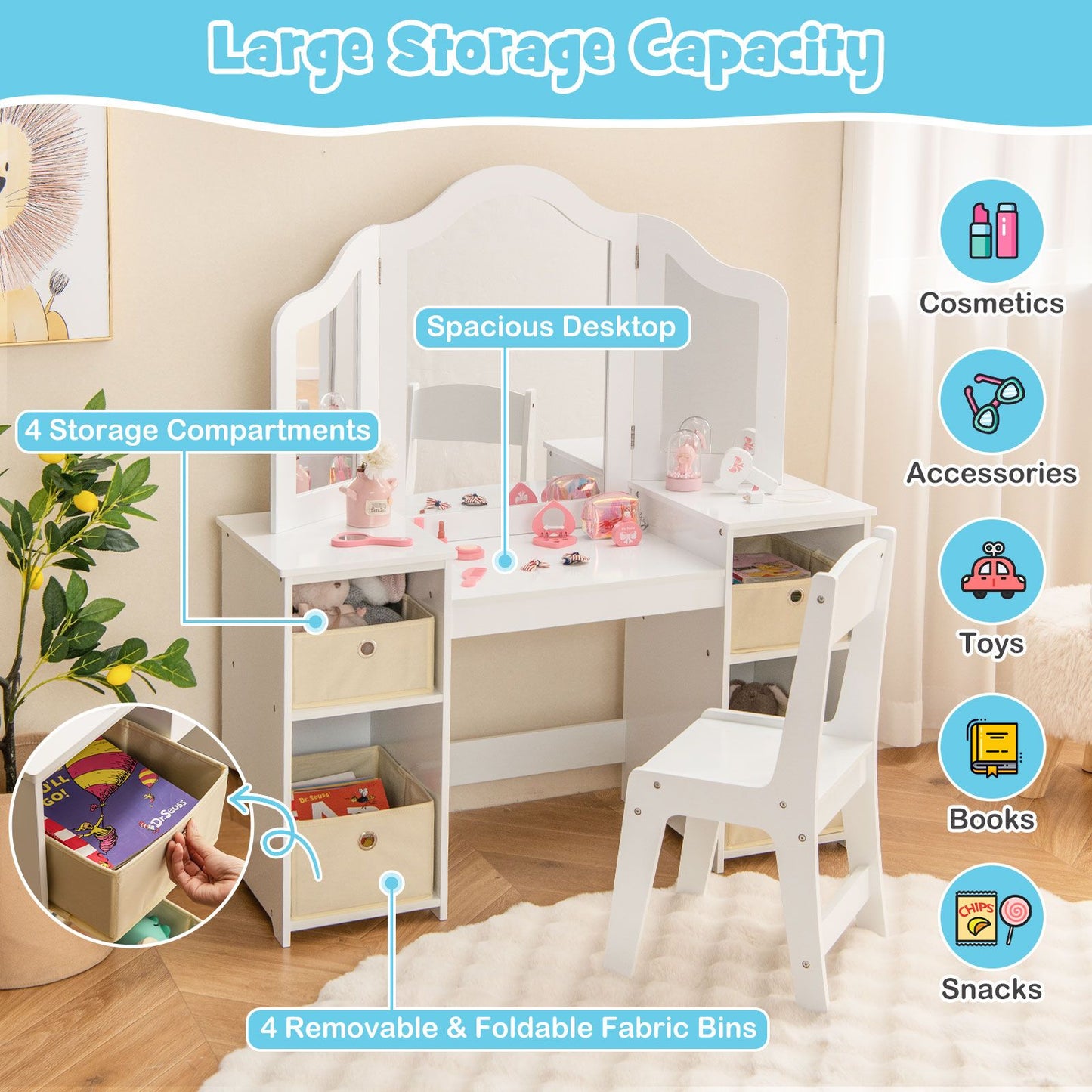 Ergo Heights White Vanity Set for Girls Bedroom with Chair.