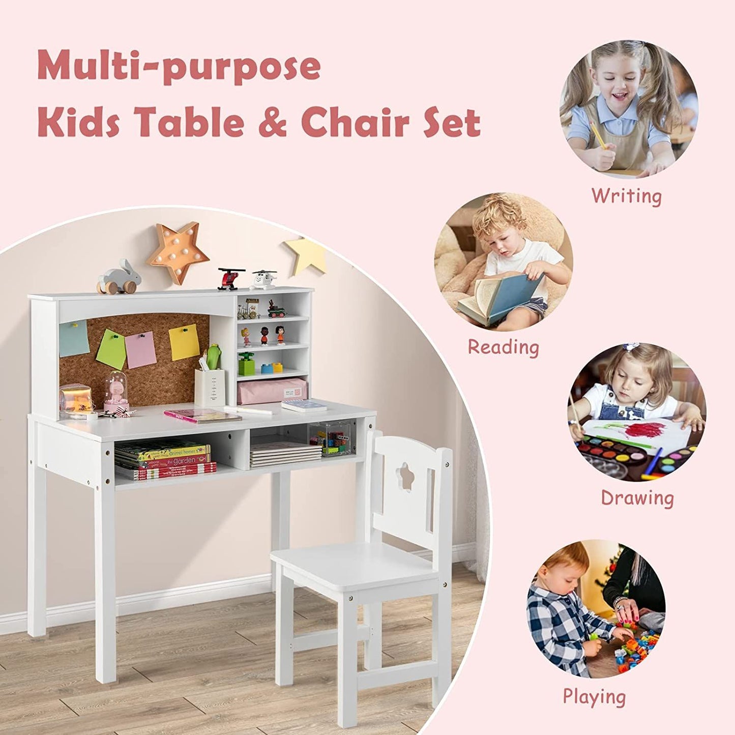 Wooden Kids Desk and Chair Set with Hutch for Studying and Reading.