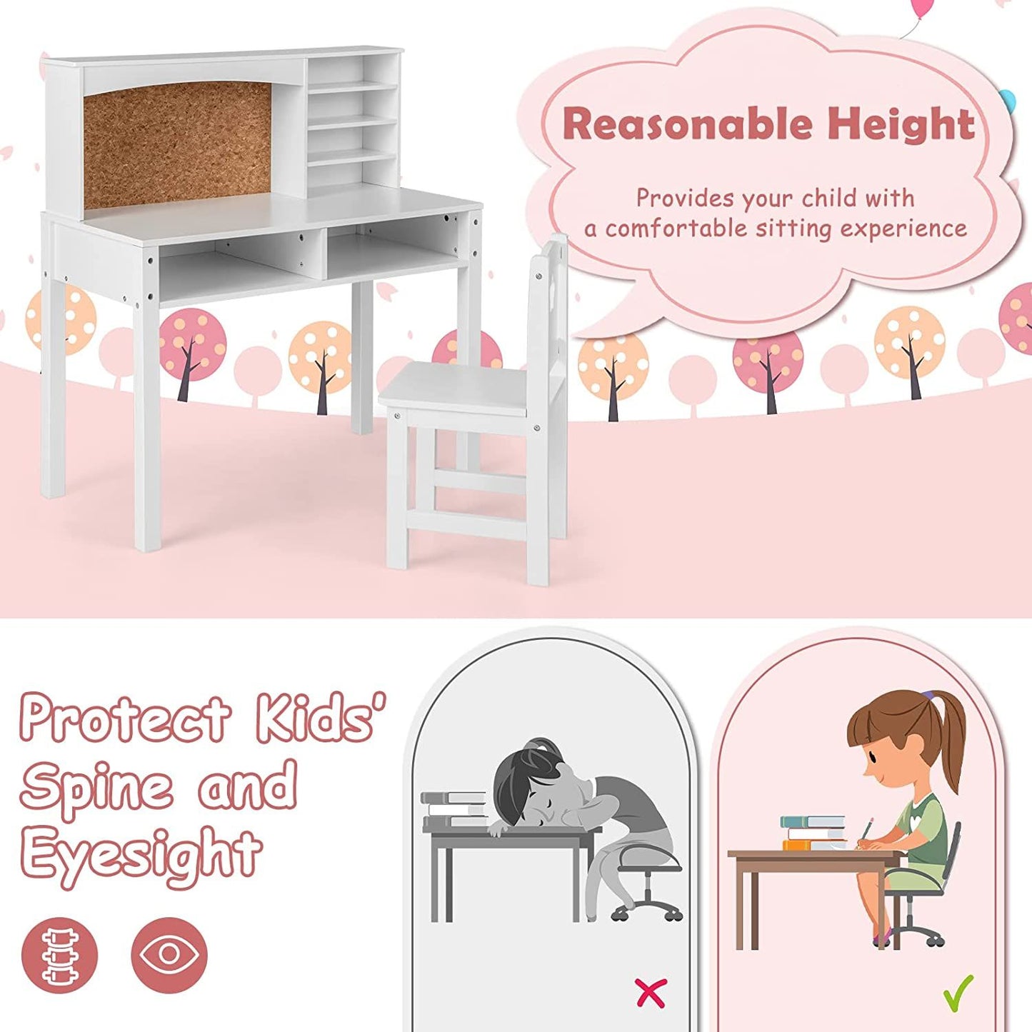 Wooden Kids Desk and Chair Set with Hutch for Studying and Reading.