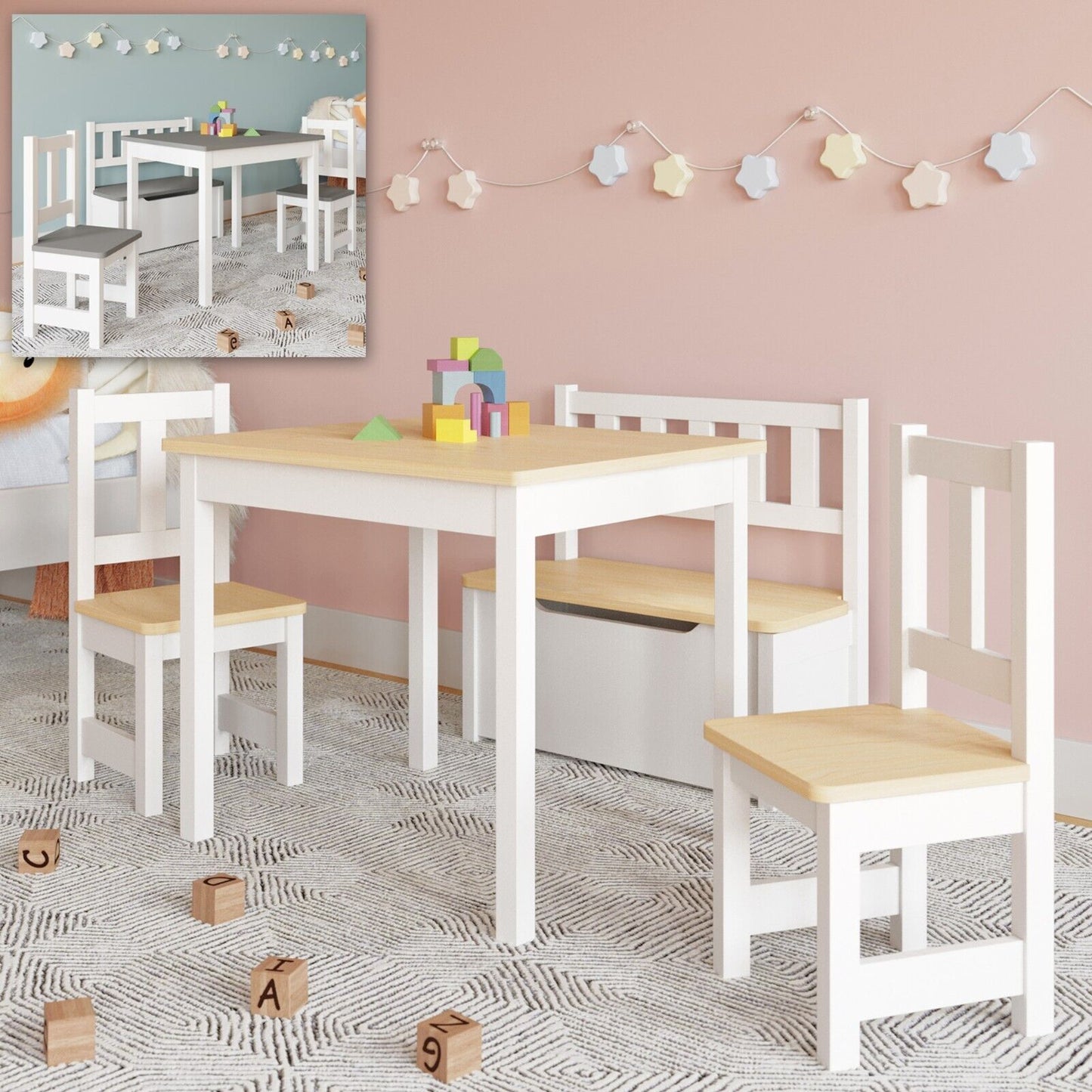Ergo Heights Wooden Kids Table and Chairs Set - Grey White.