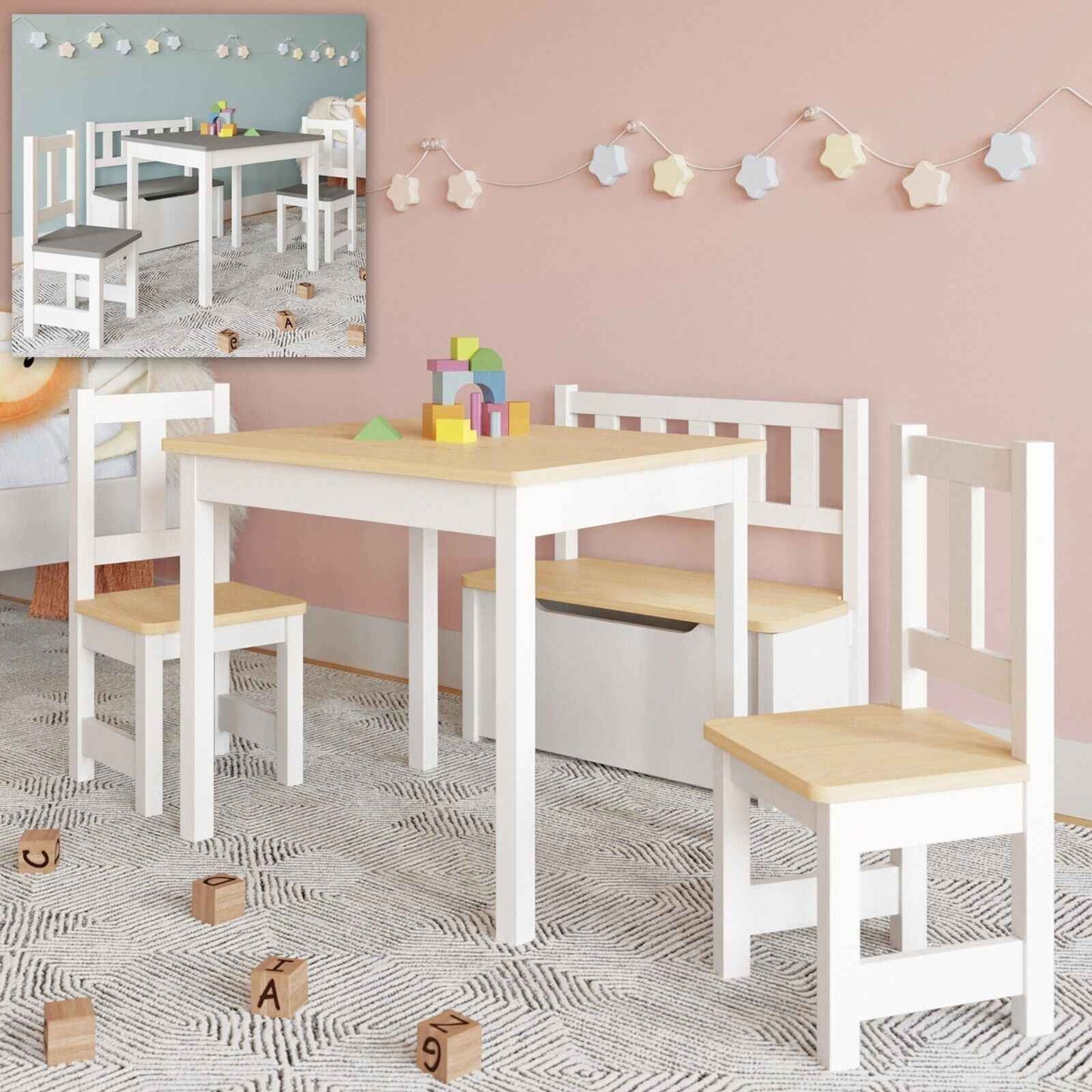 Ergo Heights Wooden Kids Table and Chairs Set - Grey White - Ergo Heights