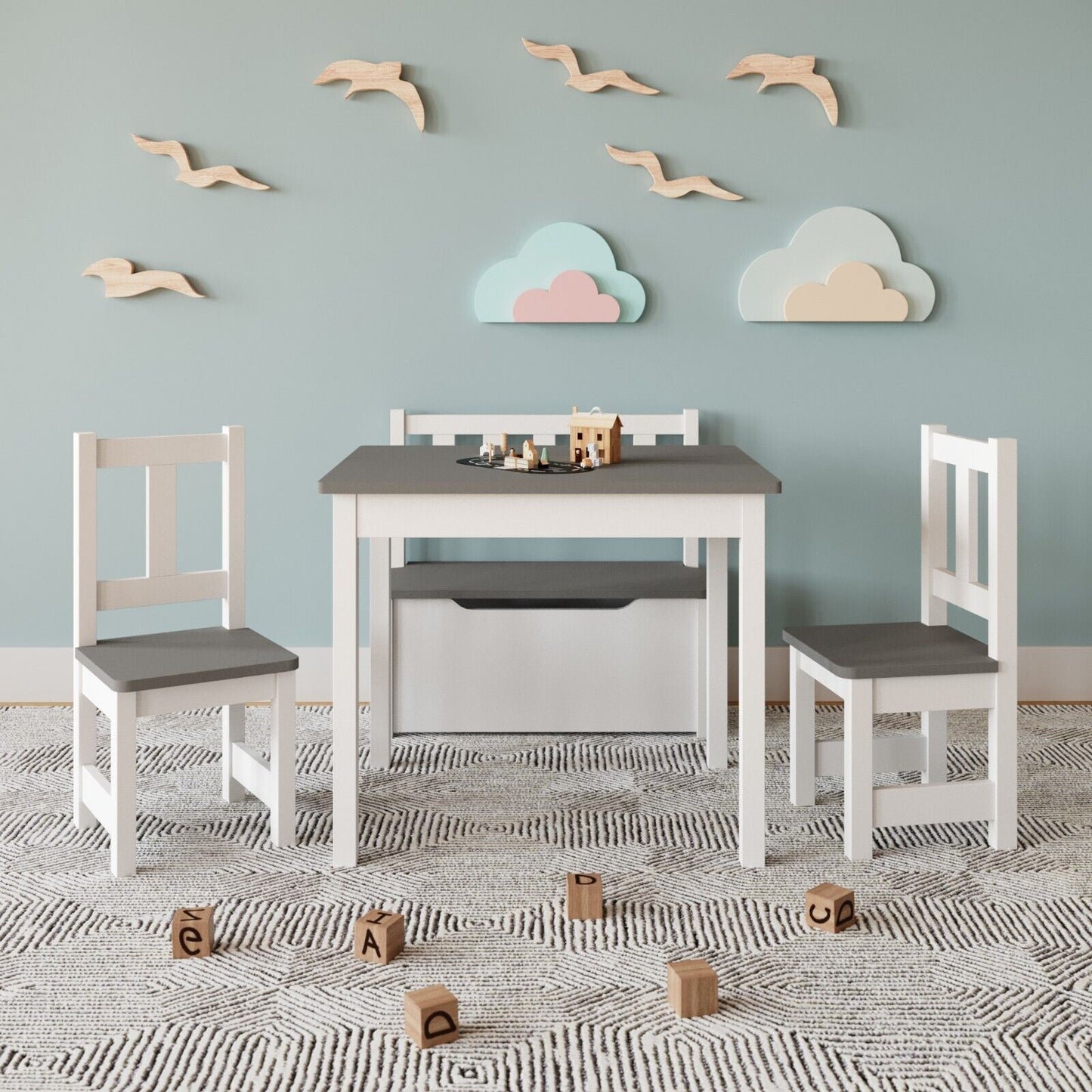 Ergo Heights Wooden Kids Table and Chairs Set - Grey White.