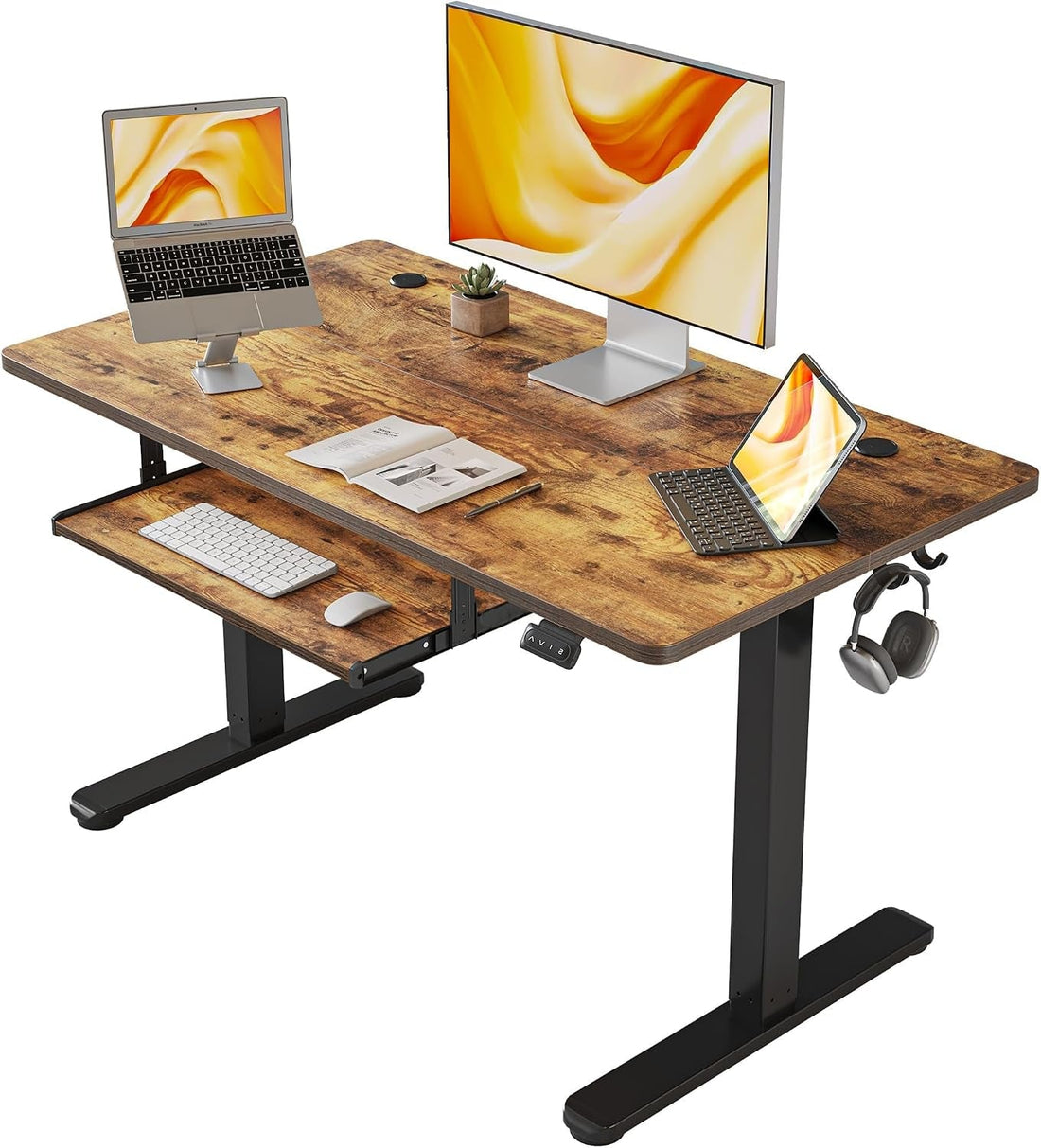 Height adjustable electric standing desk with keyboard tray, black frame and rustic brown worktop