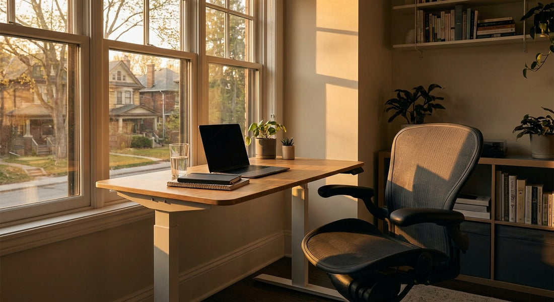 A warmly lit, tidy home office with an ergonomic chair and sit-stand desk beside a window at golden hour, suggesting long hours of remote work.