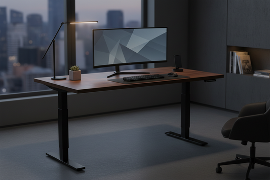 Electric height-adjustable standing desk in a UK home office setup