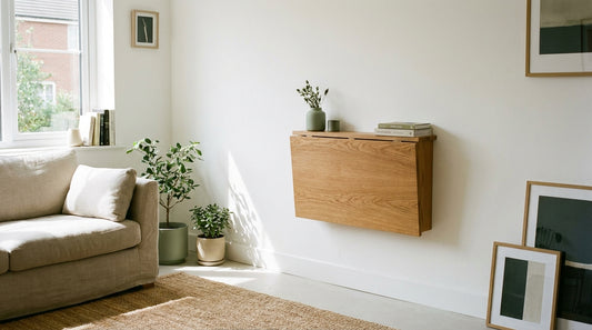 A sleek folding wooden desk mounted against a white wall in a bright, minimalist home office space bathed in natural light.