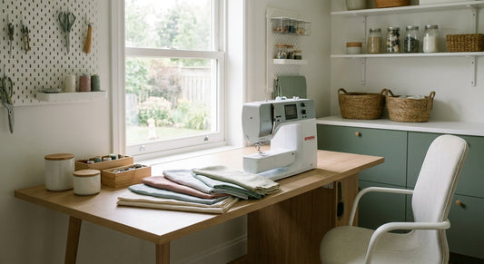 A tidy, light-filled home sewing room with a modern sewing table, sewing machine, and neatly folded fabric in soft pastel and neutral tones.