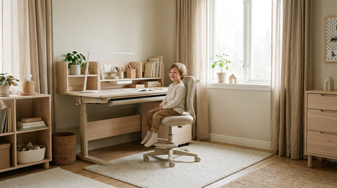 A well-lit, ergonomically arranged children's study corner with a height-adjustable desk and supportive chair, designed to promote healthy posture and spine health.