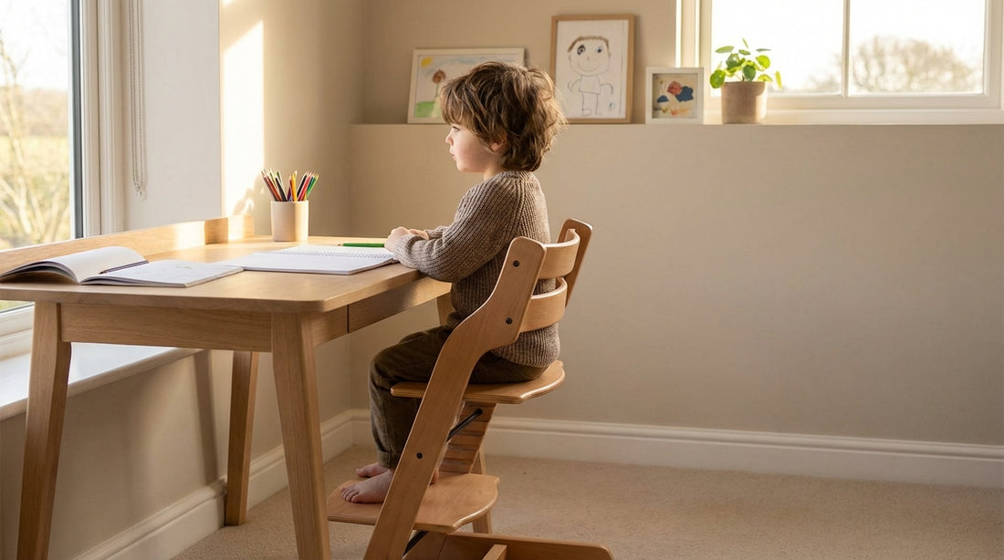 A young child sitting with good posture in an ergonomic study chair at a wooden desk in a bright, warmly lit home study room.