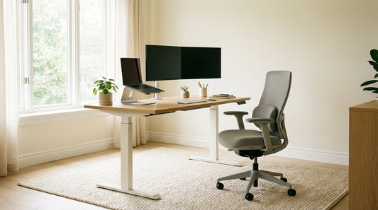 A bright, well-organised home office with an ergonomic chair, height-adjusted monitor, and natural light streaming through a window, representing a healthy and productive remote working setup.