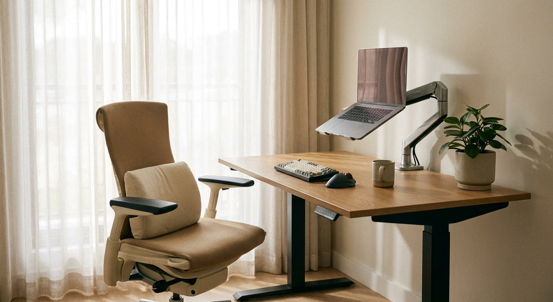 A neatly arranged, accessible ergonomic home office with an adjustable desk and supportive chair bathed in warm natural light.