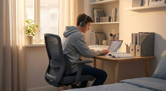 A teenager sitting with good posture in a supportive ergonomic desk chair while studying at a well-organised home desk in a warmly lit bedroom.