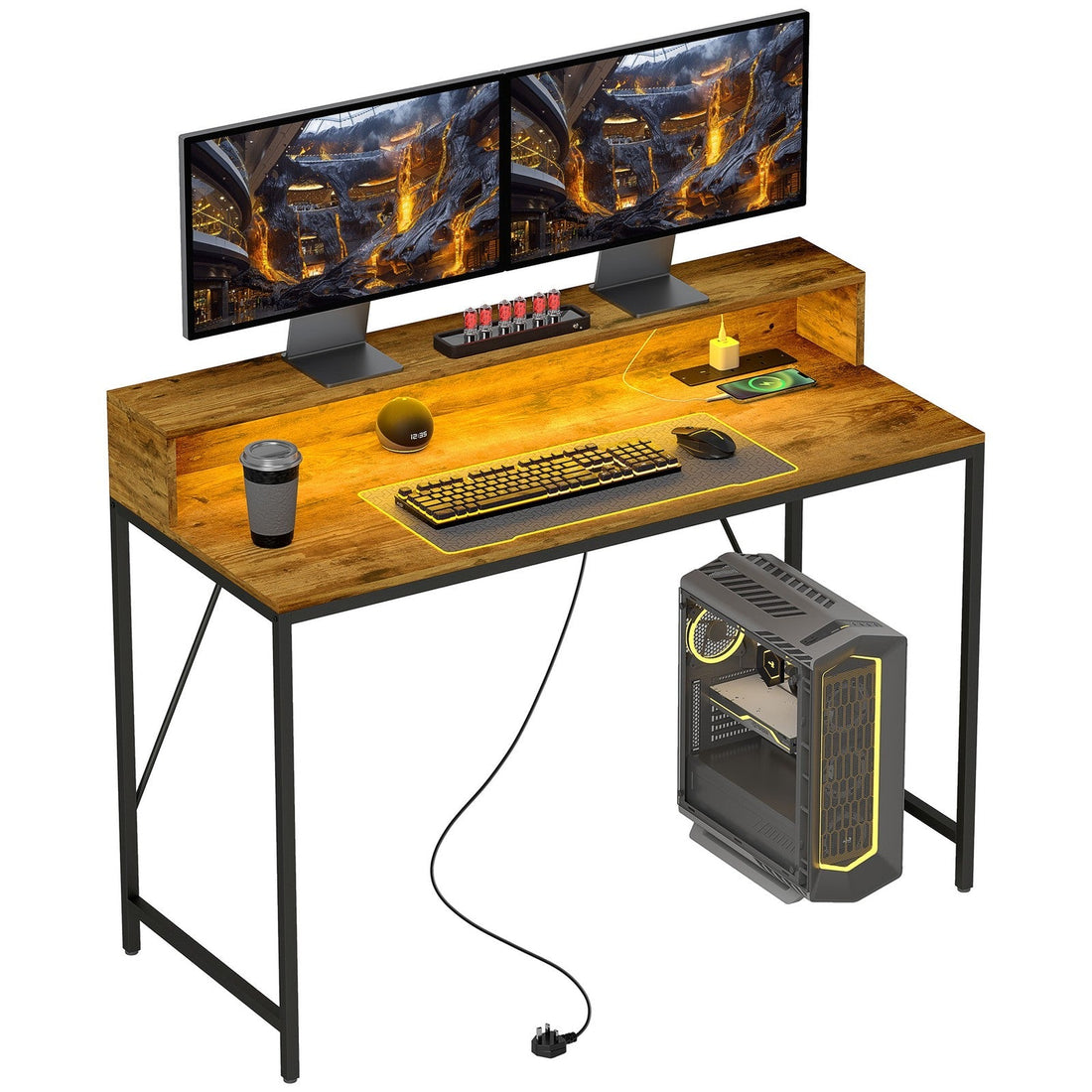 Gaming Desk with LED Lights and Shelf in Rustic Brown