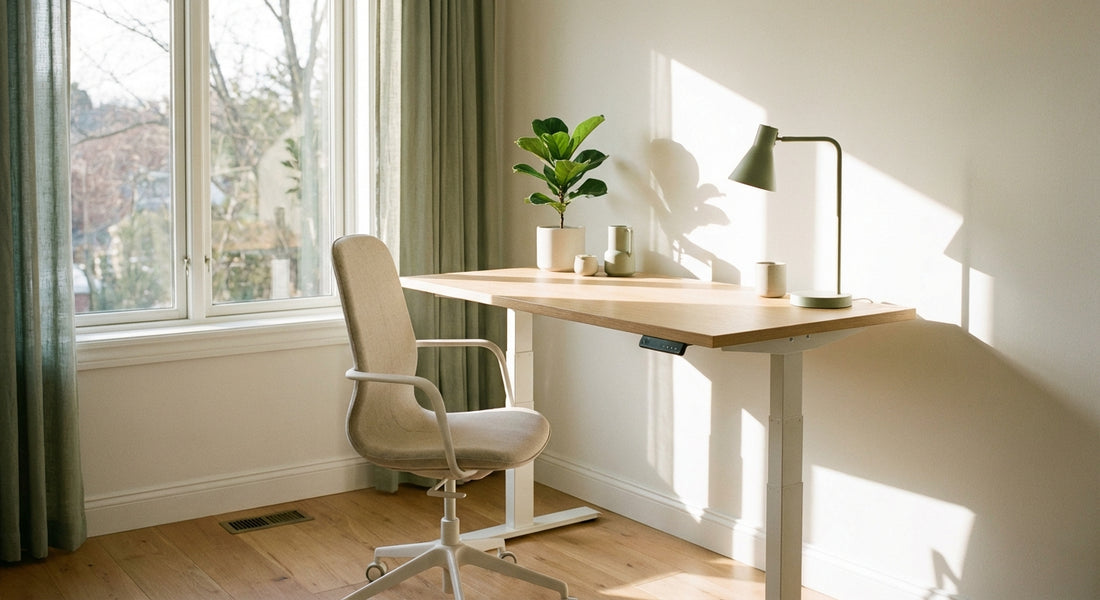 A bright, well-organised home office with a sit-stand desk, ergonomic chair, natural light, and minimal accessories in a calm neutral colour palette.