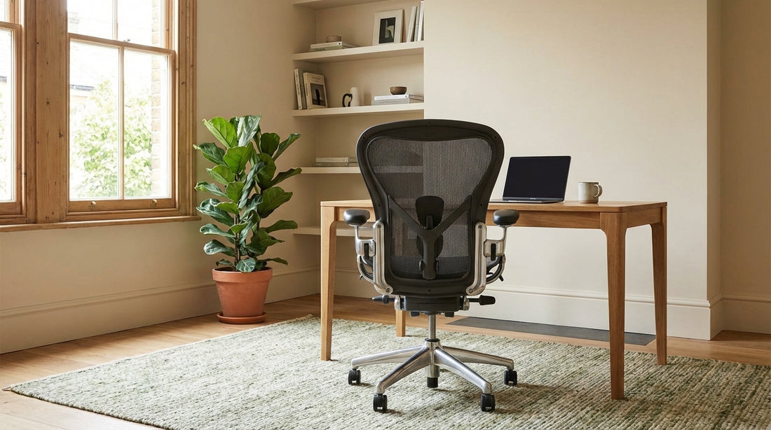 A sleek ergonomic office chair positioned at a tidy oak desk in a bright, naturally lit UK home office setting.