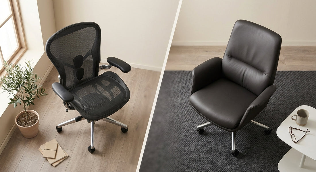 Two ergonomic office chairs, one mesh and one leather, positioned side by side in a clean, naturally lit home office setting.