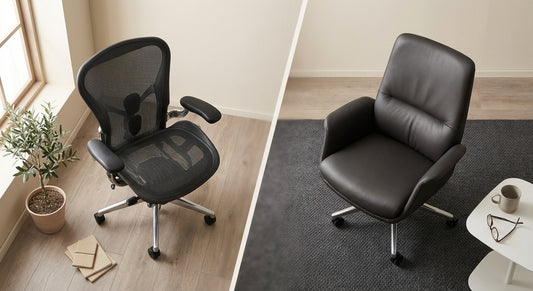 Two ergonomic office chairs, one mesh and one leather, positioned side by side in a clean, naturally lit home office setting.