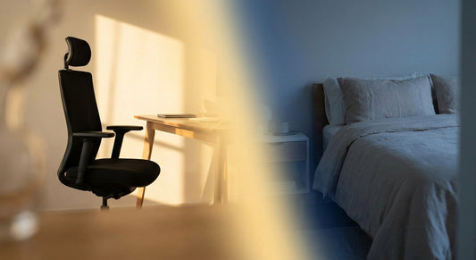 An ergonomic office chair in warm afternoon light transitioning atmospherically into a peaceful, neatly made bed in a softly lit bedroom, symbolising the connection between daytime posture and sleep quality.