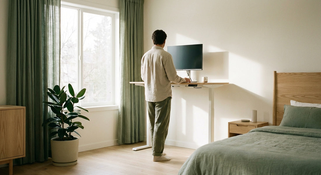 A person standing at a modern sit-stand desk in a bright, minimalist home office, looking thoughtfully toward a sunlit window.