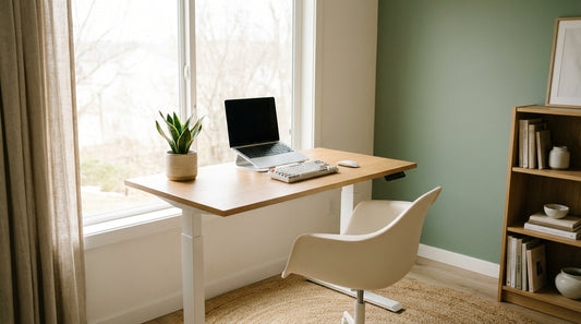 A clean, sunlit home office with a standing desk set at standing height, featuring a laptop, keyboard, and small plant against a bright window backdrop.