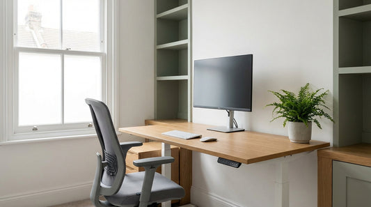 A well-lit, ergonomically arranged home office with a height-adjustable desk, monitor at eye level, and supportive chair positioned near a bright natural window.