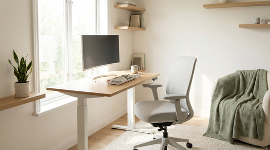 A bright, well-organised home office with an ergonomic chair, height-adjustable desk, and natural light streaming through a window, evoking a calm and healthy remote working environment.