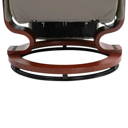 A sleek, curved wooden base with a rich mahogany finish supports the recliner’s seat.