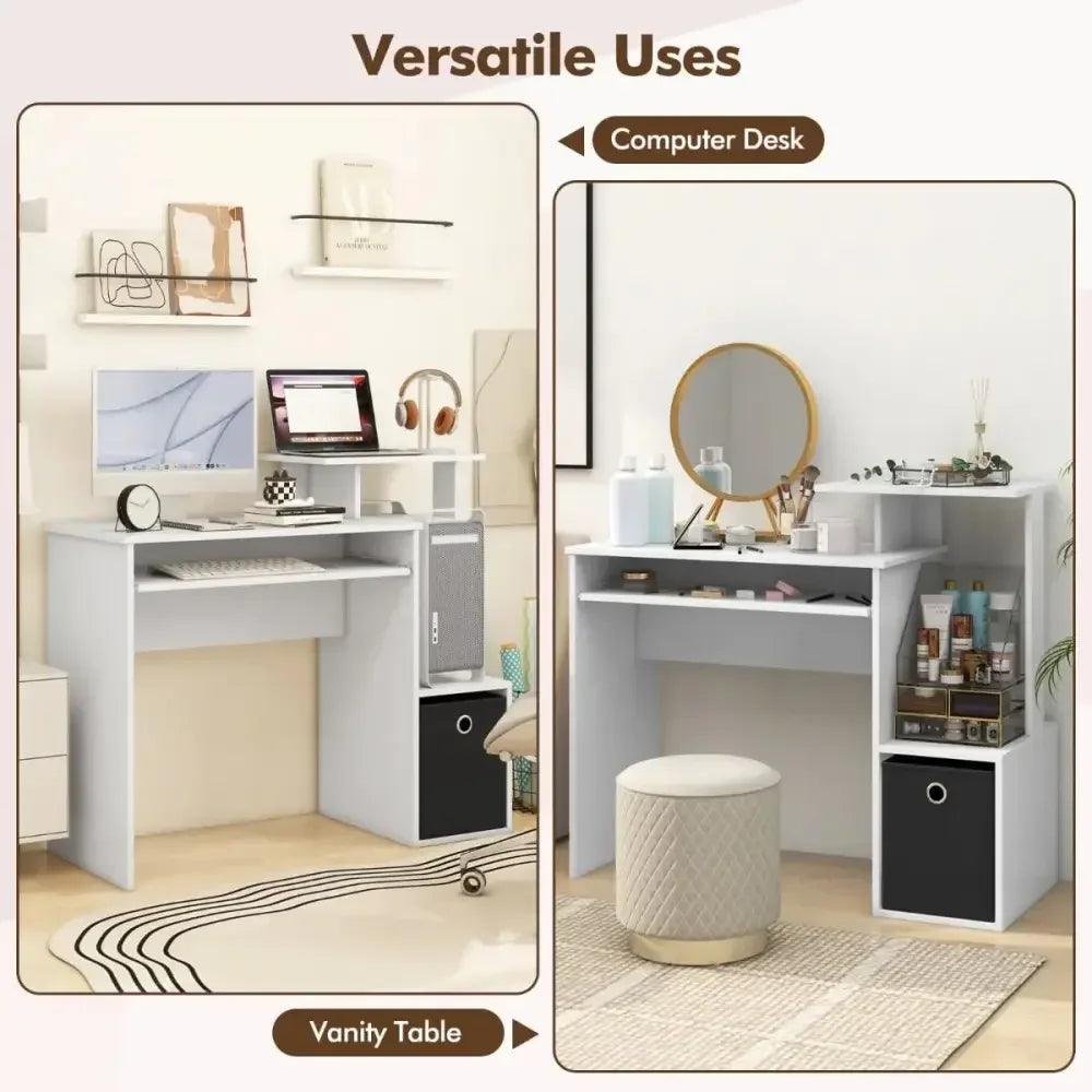 Space-Saving Computer Desk with Open Shelf and Fabric Storage Drawer - Ergo Heights