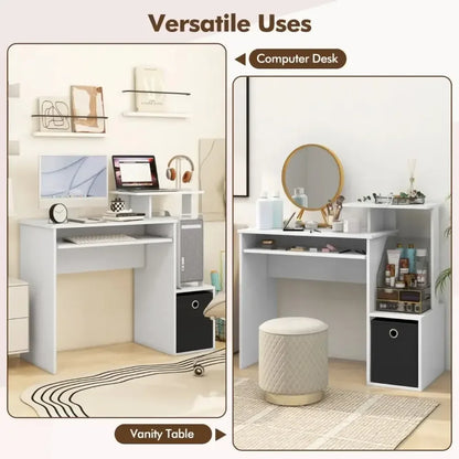 Space-Saving Computer Desk with Open Shelf and Fabric Storage Drawer - Ergo Heights