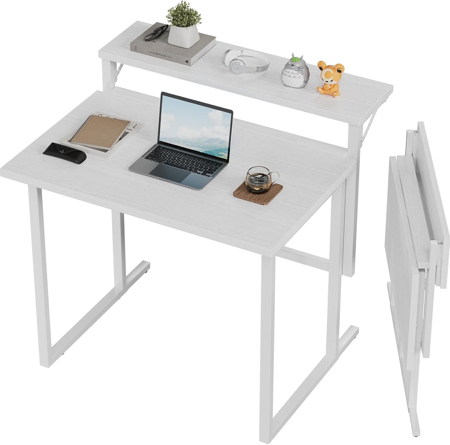 Foldable Desk,Small Desk with Monitor Shelf,2-Tier Folding Table for Home, Office, School, Computer Desk for Small Space,White