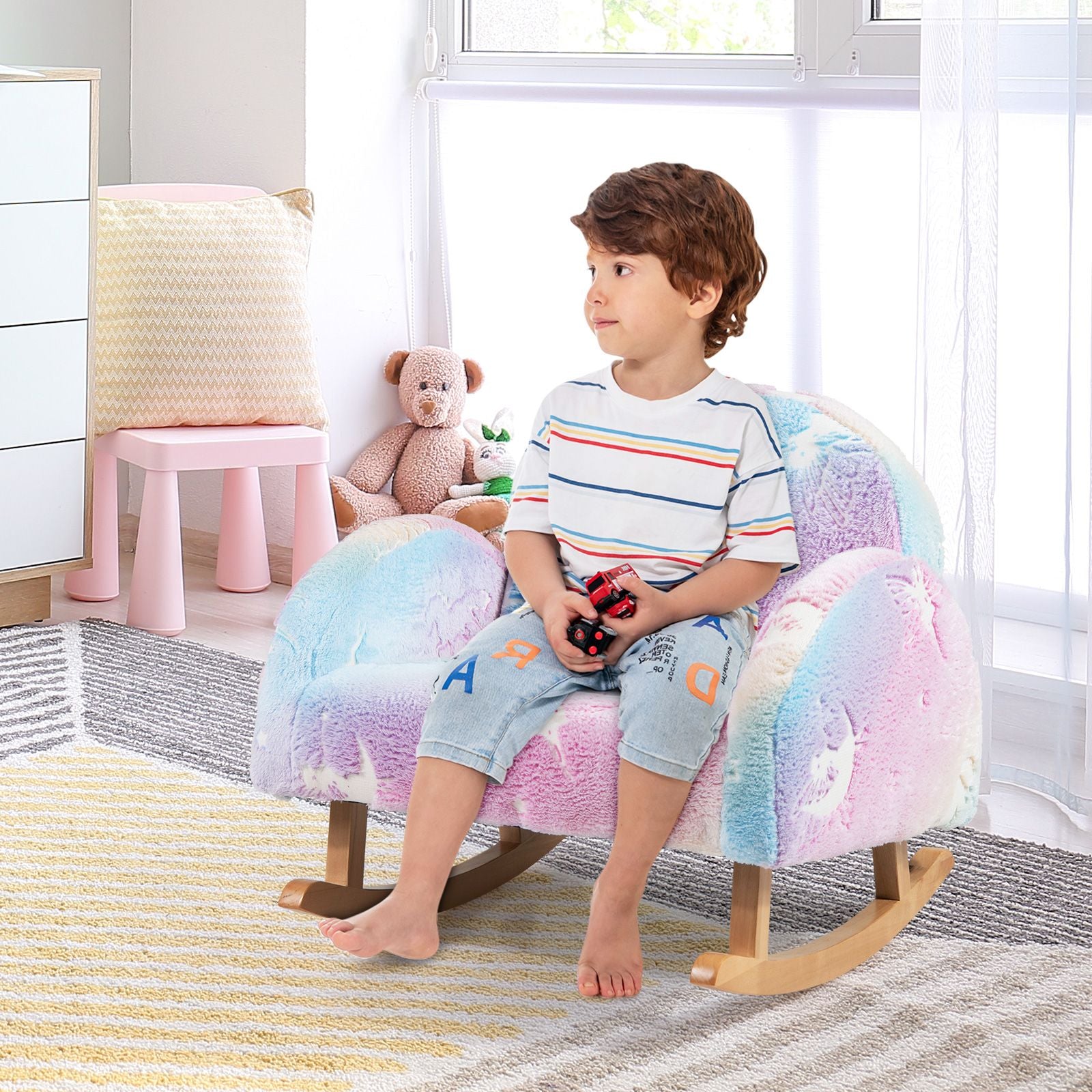 Upholstered Kids Rocking Chair with Luminous Effect and Poplar Wood Rocking Feet