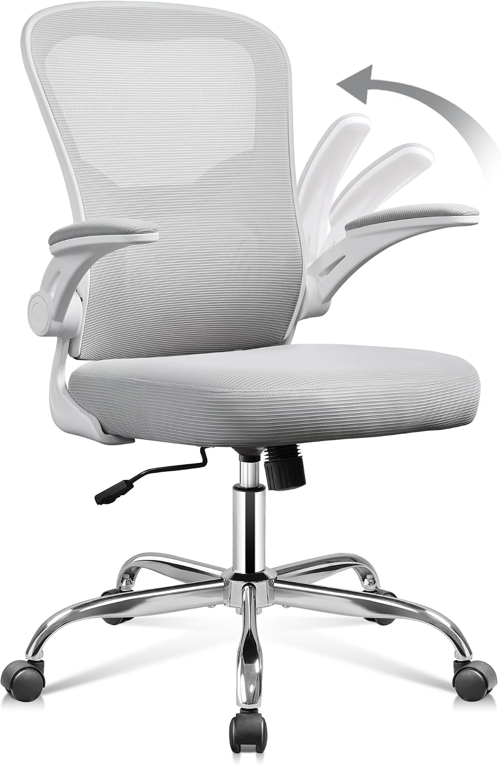 Ergonomic Office Chair with 90° Flip-Up Armrest, Lumbar Support, Home Office Chair with Padded Seat Cushion, Height Adjustable, 360° Rotation, Mesh Backrest for Home/Office, Grey