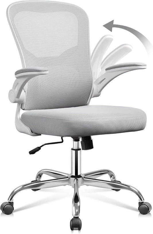 Ergonomic Office Chair with 90° Flip-Up Armrest, Lumbar Support, Home Office Chair with Padded Seat Cushion, Height Adjustable, 360° Rotation, Mesh Backrest for Home/Office, Grey