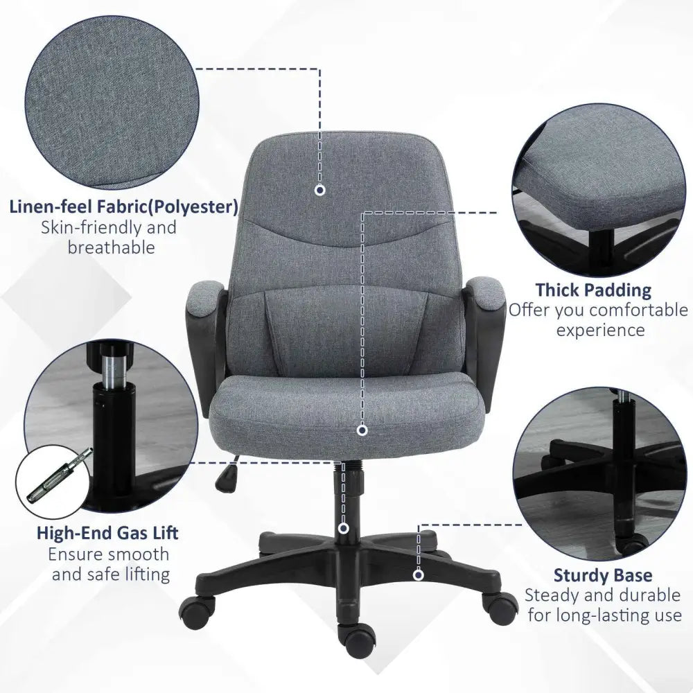 Gray office chair with linen-feel polyester upholstery, thick padding for comfort, and a sturdy black five-star base.