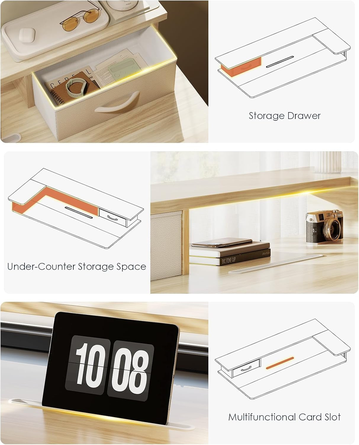 Standing Desk with Drawers & Monitor Stand, USB Port, 120Cm Beige