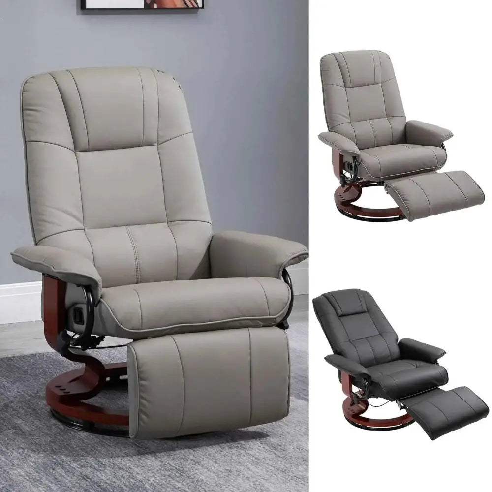 Gray faux leather recliner chair with a wooden base and footrest.