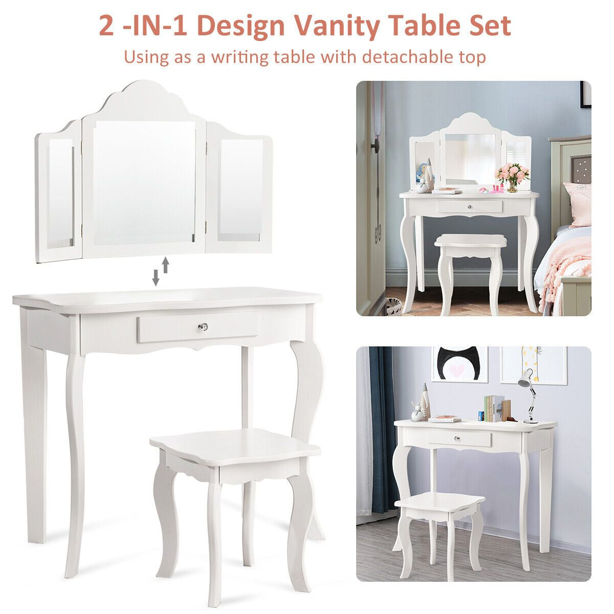 Kids Wooden Vanity Table and Stool Set with Detachable Top Folding Mirrors
