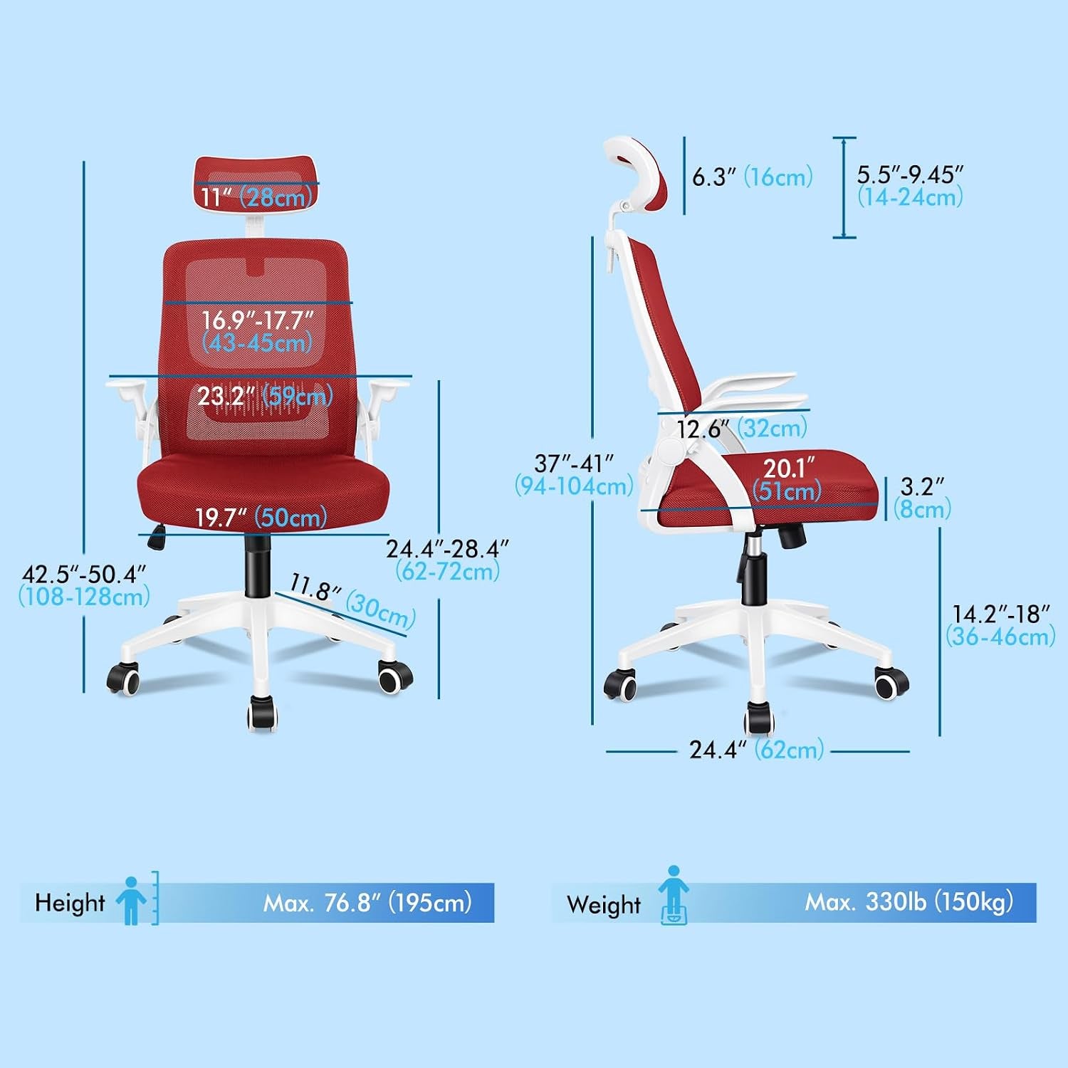 Ergonomic Office Chair, Mesh Desk Chairs with Headrest Lumbar Support, Executive Computer Swivel Chairs with Flip-Up Armrests, Comfy Seat, Height Adjustable, Rocking for Home, White & Red